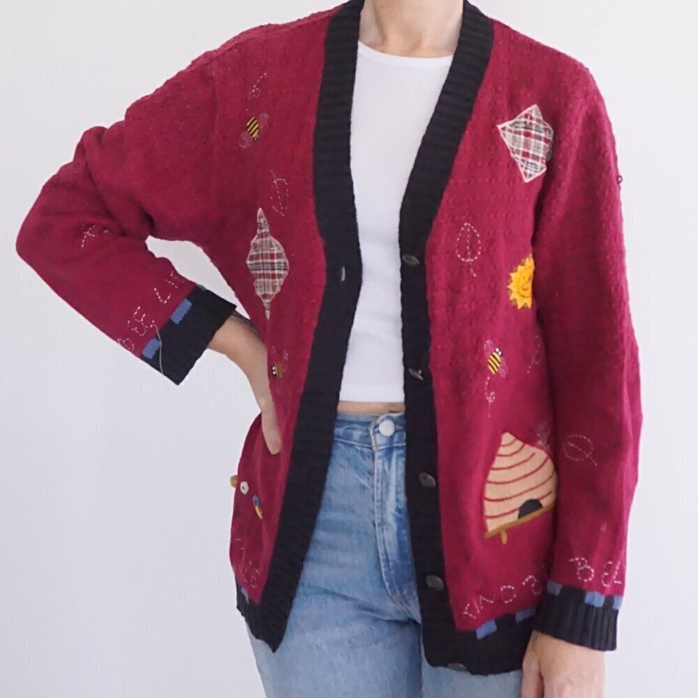 Vintage Quacker Factory Maroon Knit Embroidered Button Knit Cardigan Sweater M